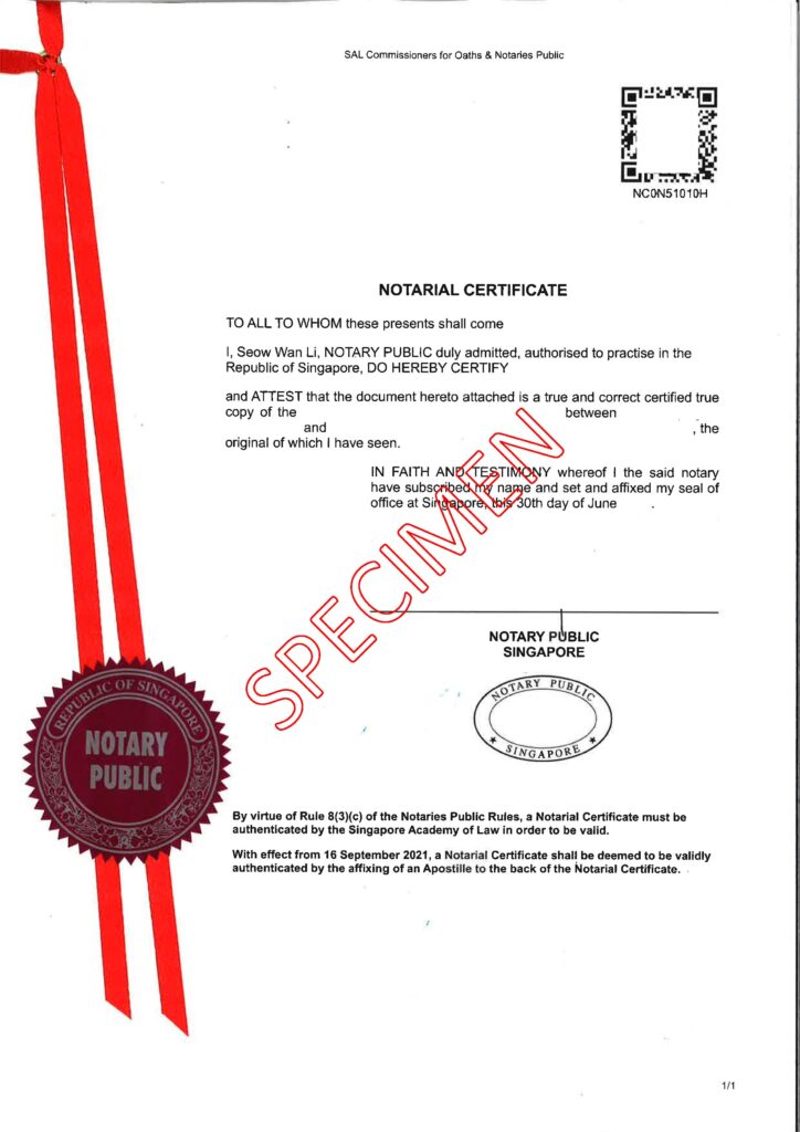Notarial Certificate issued by a Singapore Notary Public with official red ribbon and seal, required for overseas document use