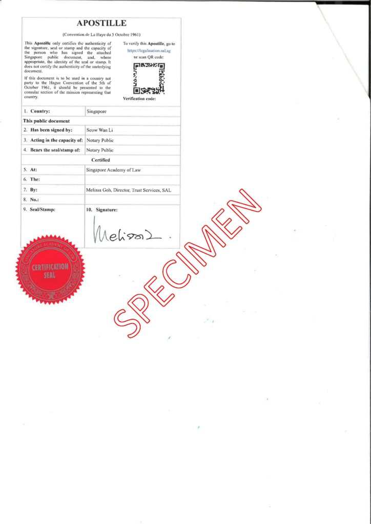 Apostille Certificate issued by the Singapore Academy of Law confirming notarised document authenticity for international use